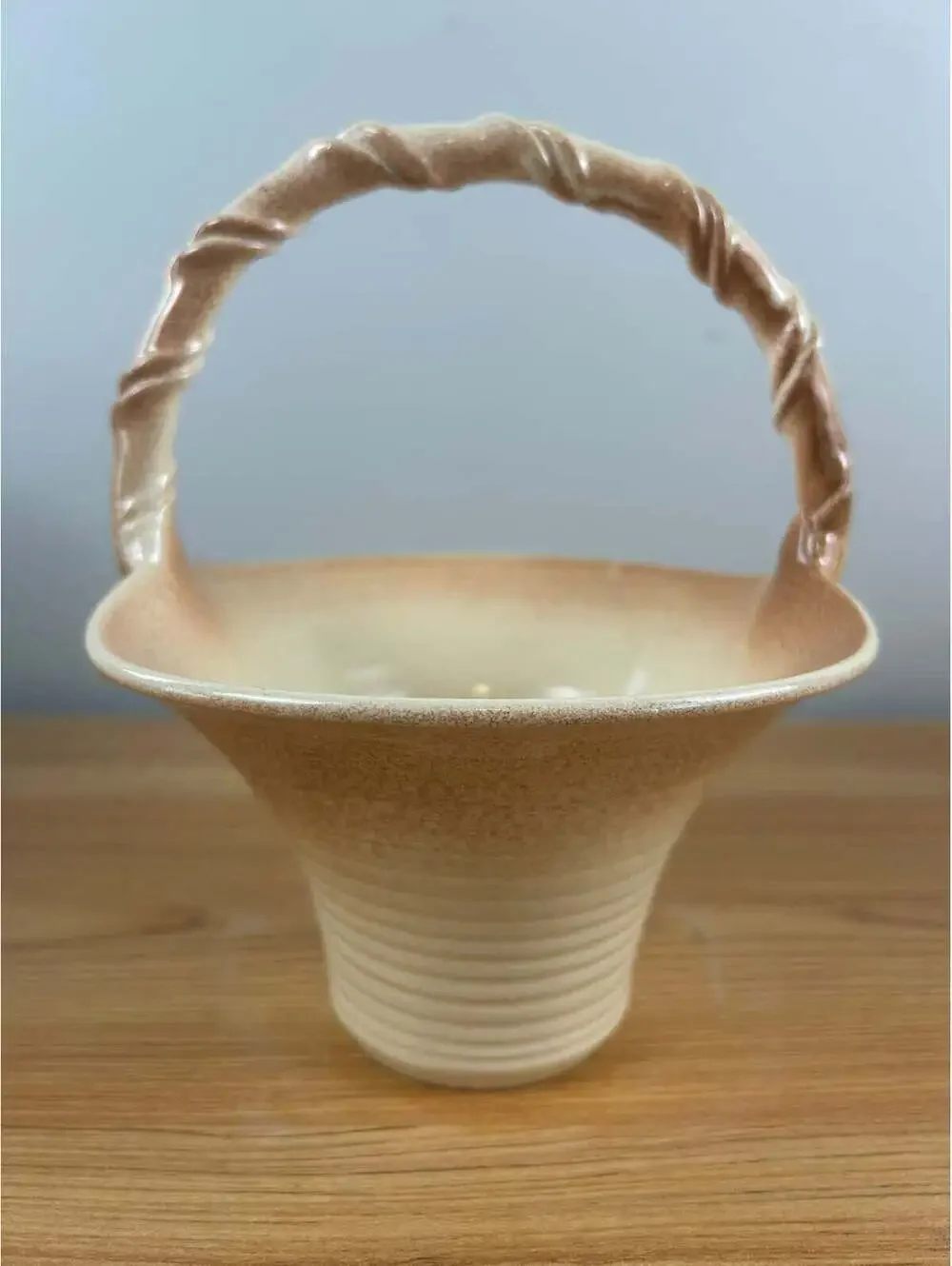 Dryden Originals Vintage Art Pottery Mottled Brown Twist Handle Basket